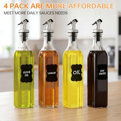 4 Pack 17 oz (500ml) Clear Glass Oil & Vinegar Dispenser Bottles, Leakproof Set with 4 Pour Spouts & 4 Labels, Kitchen Tools for Salad, BBQ, Air Fryer Cooking