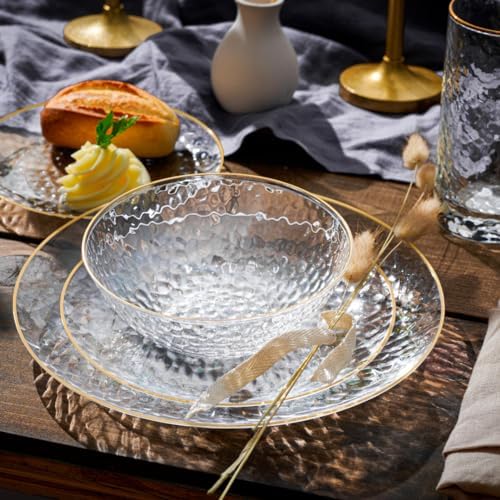 R-kay 100 Pack 7 Inch Clear Plastic Plates - Hammered Gold Rimmed Sturdy, Durable And Extra Heavy duty Gold Plastic Dessert, Appetizer Plates Disposable For All Occasions