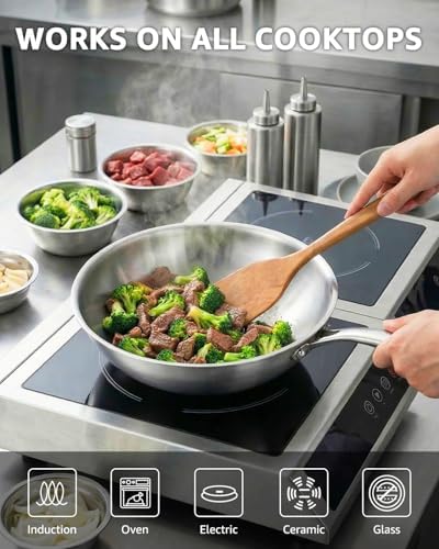 13 Inch Tri-Ply Stainless Steel Wok Pan, Uncoated Wok for Stir Fry
