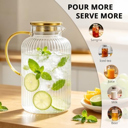 Bivvclaz 3 Liter 101 oz Stripes Gold Glass Pitcher with Lid and Handle