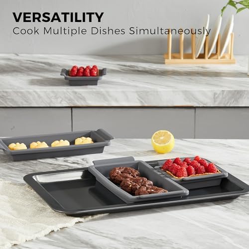 HONGBAKE Bakeware Sets, Baking Pans Set with Reusable Silicone Sheet Trays Dividers, Nonstick Oven Pan with Wider Grips, 14-Piece Including Rack, Cookie Sheet, Cake, Loaf, Muffin, Pizza Pan