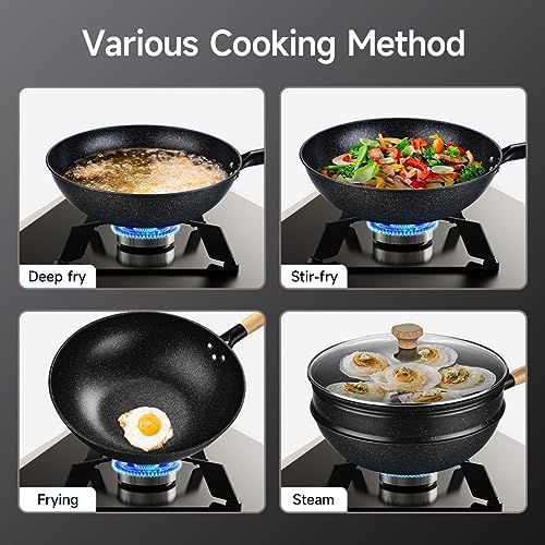 Non-Stick Wok with Steamer Basket,12 Inches Stir Fry Pans with Lid, Flat Bottom Pan Multifunctional Cookware Chinese Woks for Induction, Gas, Halogen