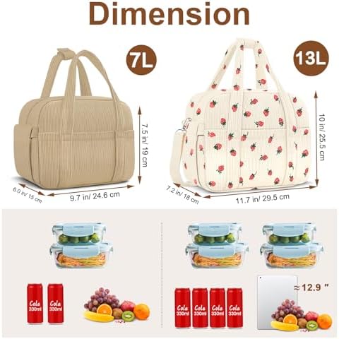 KUBYA Corduroy Lunch Box Lunch Bag for Women Men, Cute Strawberry Small Insulated Reusable Work Leakproof Simple Lunch Boxes Tote Bag Adults Cooler Bag