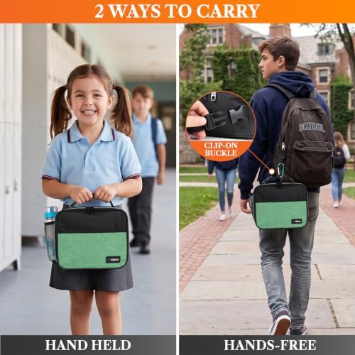 opux Insulated Lunch Bag for Kids, Reusable Lunch Box for School, Green