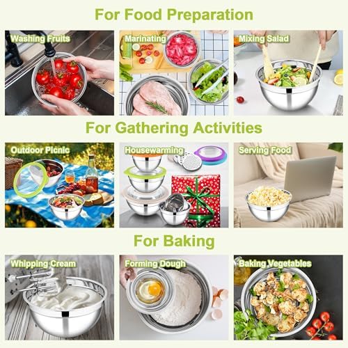 E-far Mixing Bowls with Lids Set of 5, Stainless Steel Salad Mixing Bowl with Transparent Lid, Metal Nesting Storage with 3 Graters for Kitchen Prepping/Serving/Baking, 4.6/2.6/1.5/1/0.7 QT - Colorful