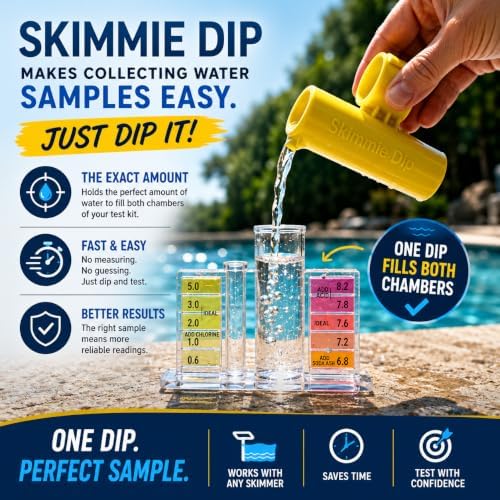 The Skimmie (Long Version) Pool Skimmer Net & Pole 53" with Stainless Steel Hook, Two Skimmer Basket Handles, Fine Mesh Net & Skimmie Dip - Hands-Free Removal of Debris, Bugs, Frogs, Small, Animals