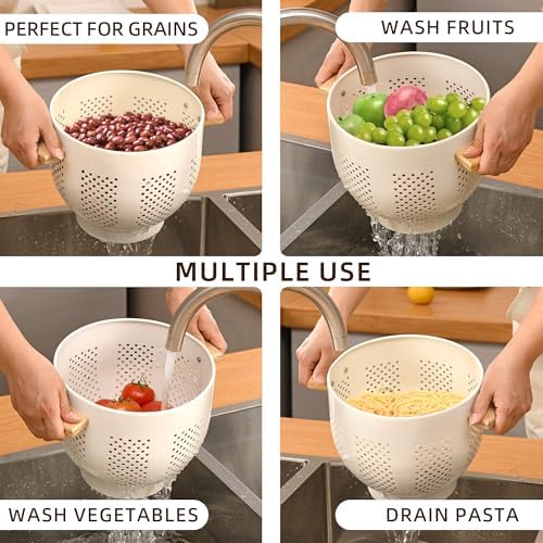 Metal Colander with Wood Handle and Stable Base, Powder Coated Steel Kitchen Strainer Basket for Draining Pasta, Vegetable and fruit (7quart,Cream)