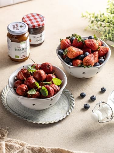 Gomakren Ceramic Berry Basket Set of 2, Floral Fruit Bowl with Holes, White