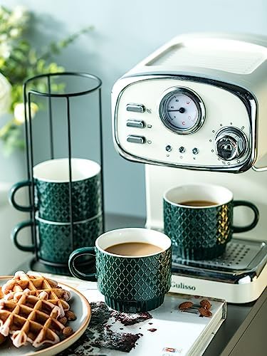 LYEOBOH Coffee Mug Set Porcelain Stackable Coffee Mugs with Stand and Spoons, 13 OZ. Cappuccino Cup Demitasse Cups for Drinks, Espresso, Latte,Set of 4, Dark Green