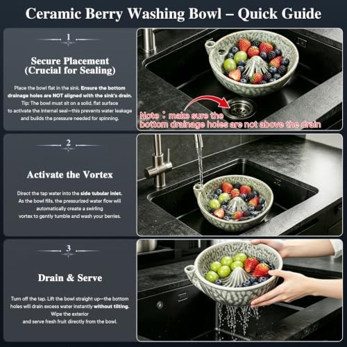Ceramic Berry Washing Bowl with Auto-Spin Swirl Drainag