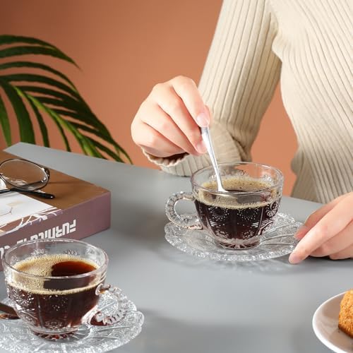 Glass Teacups and Saucers Set of 6, Vintage Coffee Mugs with Stainless Steel Spoon, Dishwasher & Microwave Safe Teacups for Espresso Cappuccino Latte Tea Juice, 7OZ/210ML, Clear