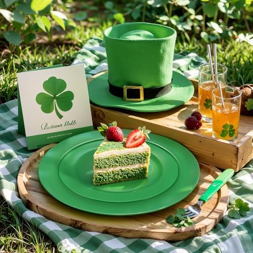 FLOWERCAT 60PCS Green Plates & St. Patrick's Day Plates - Heavy Duty Dark Green plates Disposable for Party&Event- Include 30PCS 10.25" Dinner Plates & 30PCS 7.5" Dessert Plates