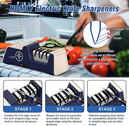 Homly Professional Electric Knife Sharpeners for Kitchen Knives with Diamond Abrasives and Precision Angle Guides, Multifunctional 3-Stage Slots, Applicable to Straight Knife and Ceramic Knife