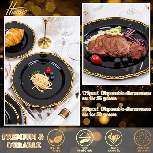 Hioasis 175 Pcs Black and Gold Plastic Plates Wedding & Party