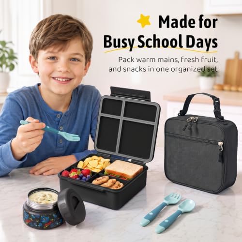 Bento Box for Kids with Thermo Food Container (9oz), 4-Compartment Lunch Box, Adjustable Divider, Leakproof Bento Lunch Box, Includes Utensils & Carry Bag for School, Office(Black-Game)
