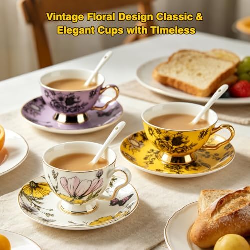 Butterfly Tea Cup and Saucer Set with Spoon, Gold Trim, 6.76 oz