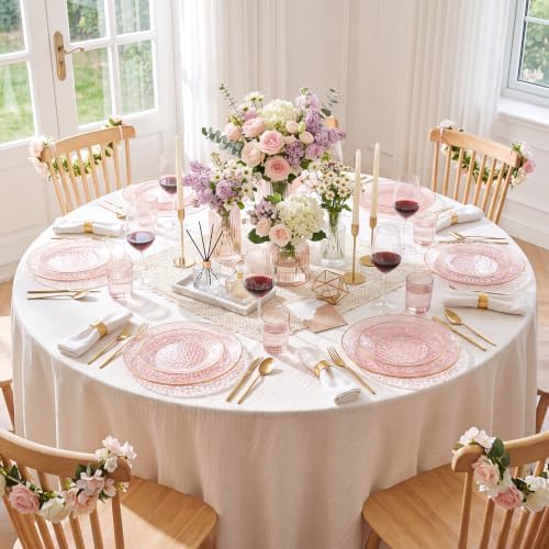 Rubtlamp 60Pcs Pink Plastic Plates,Clear Pink Plates With Gold Rim,Hammered Gold Plates Include 30Pink Plastic Dessert Platos, 30Gold Dinner Platos For Party