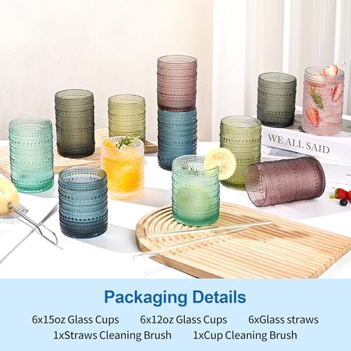 KMIGRUAN Hobnail Drinking Glasses Set of 12, 15Oz & 12Oz Cocktail Glasses