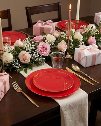 PULOTE 100PCS Red Plastic Plates Disposable Heavy Duty - Include 50 Dinner / 50 Dessert Plates for Party & Christmas