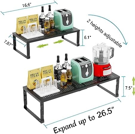 Jojocross Expandable Adjustable Stackable Kitchen Organizer, Spice Rack,Metal Pantry Storage Shelves Racks,Counter Shelf for Cabinets, Countertop, Cupboard(2 Packs/Medium/Black)