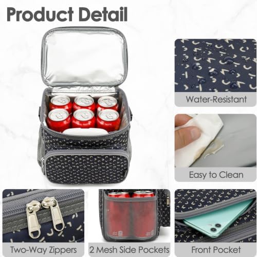 FlowFly Insulated Reusable Lunch Bag Adult Large Lunch Box for Women and Men with Adjustable Shoulder Strap,Front Zipper Pocket and Dual Large Mesh Side Pockets,Alphabet