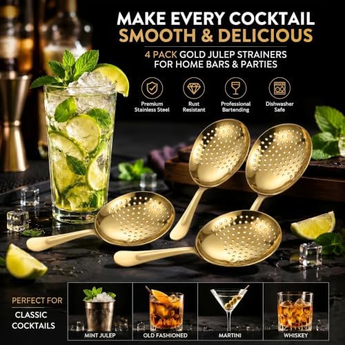 Boao 4 Pack Julep Strainers Stainless Steel Strainer Cocktail Spoon, Gold