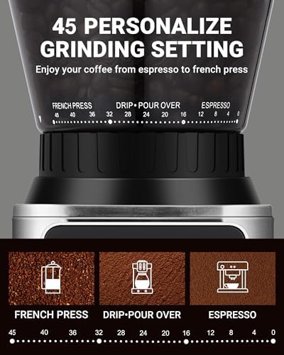 AMZCHEF Burr Coffee Grinder, 45 Settings, Anti-Static Burr Mill