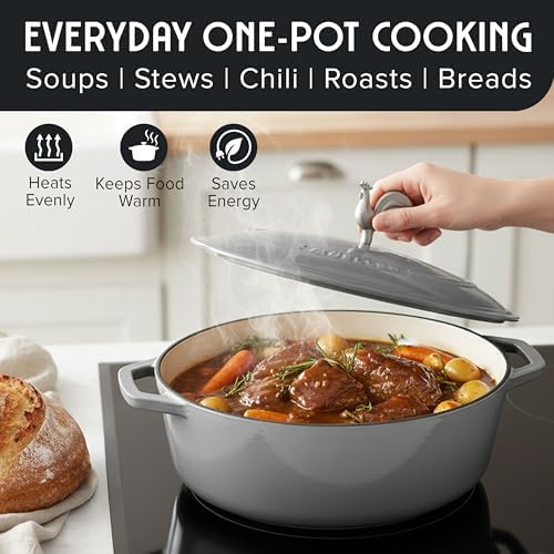 MUELLER HOME 5.5 Quart Enameled Cast Iron Oval Dutch Oven with Rooster Knob & Cotton Potholders, Heavy-Duty Cookware, Oven-Safe up to 500° F & Across All Cooktops, Gifts for Grandma & Women, Gray