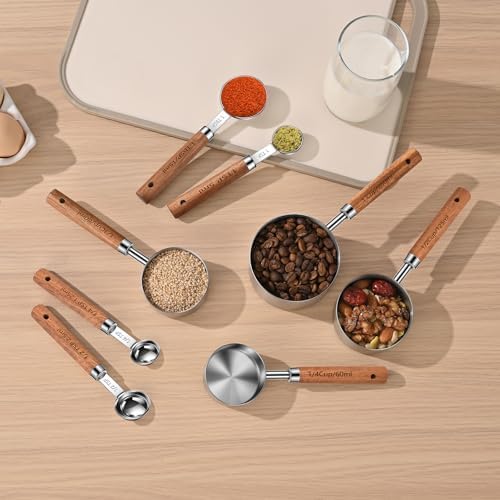 Wooden Handle Measuring Cups & Spoons Set 8-Piece – Stainless Steel, Stackable, Rustic Farmhouse Kitchen Gadgets, Non-Toxic, Dishwasher Safe, Gift for Bakers & New Homeowners.