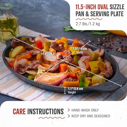 Victoria 11.5-Inch Oval Cast Iron Sizzle Pan, Preseasoned Grill and Baking Pan for Fajitas and Steaks, Made in Colombia