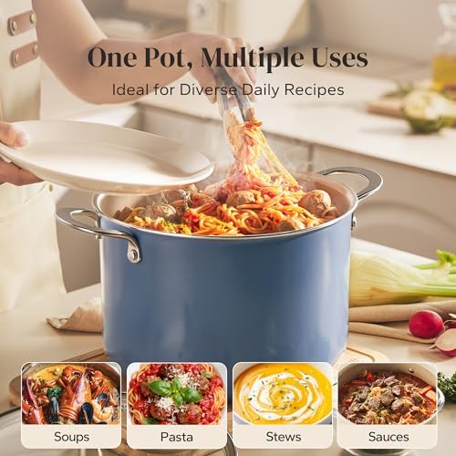 Redchef Nonstick Stock Pot with Lid 8 QT, Ceramic Large Pasta Pot for All Stovetops, Stockpot Cooking Soup Pot for Kitchen, PFOA Free, Sturdy Handles, Even Heating, Oven/Dishwasher Safe, Blue