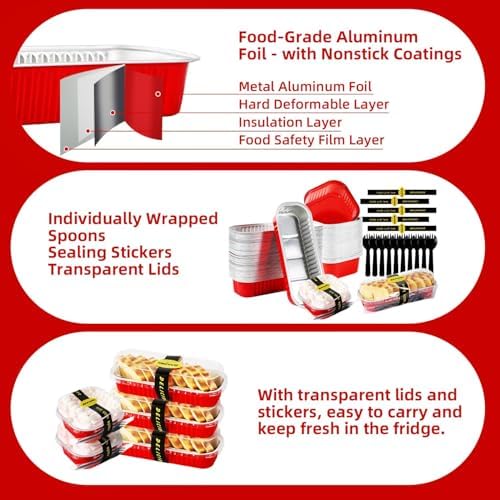 100PCS Red Mini Loaf Pan with Lids and Spoons 6.8oz Rectangular Aluminum Foil Bread Pan 10oz Square Cake Cup with Decal Disposable Baking Supply for Graduate Wedding Birthday