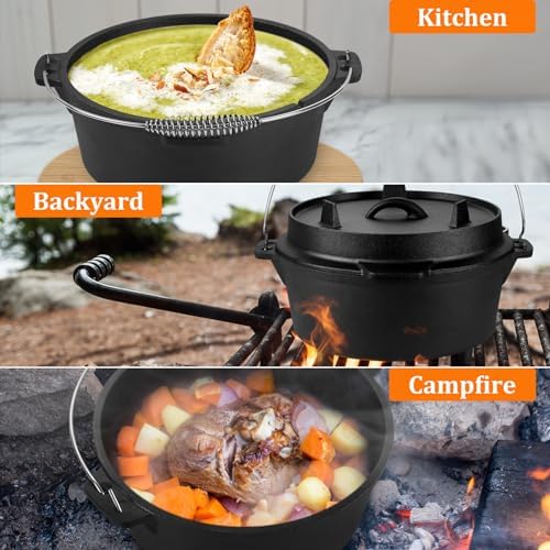 Leonyo 7QT Pre-Seasoned Dutch Oven Camping with Lid Lifter, 2-in-1 Pots