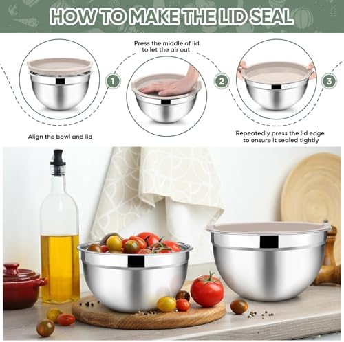 TeamFar Mixing Bowls Set of 5, Stainless Steel Metal Salad Bowls with Lids