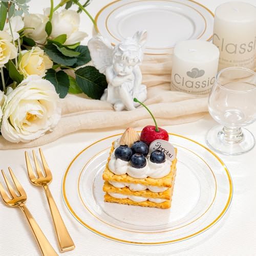 bUCLA 100 Pieces Clear Gold Plastic Plates Disposable - 6.25 Inch Clear Plastic Dessert Plates with Gold Trim for Party, Wedding & Thanksgiving