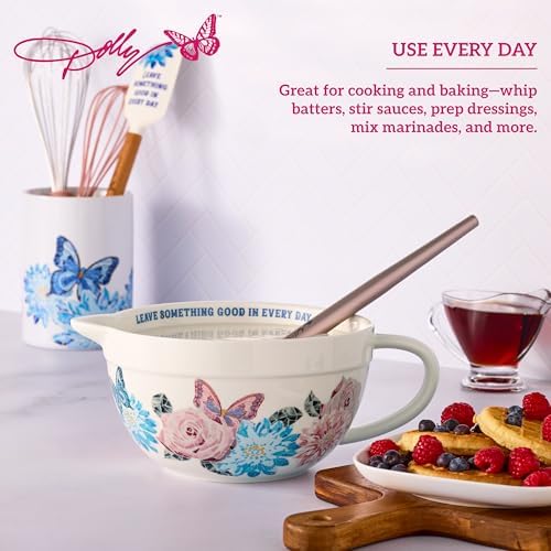 Dolly Parton Ceramic Batter Bowl, Mosaic Design with Inspirational Quote, Capacity, Spout and Handle, Dishwasher Safe, 2.5 Quart