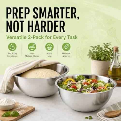 Large Stainless Steel Mixing Bowl 8 Quart - Extra Large Metal Mixing Bowl for Baking, Bread Dough, Salad - Deep Stainless Bowl - Commercial Kitchen Basin - Meal Prep - Stainless Steel- 2 Pack
