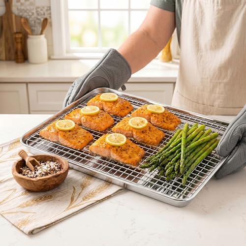 Homikit Half Baking Sheet with Wire Rack (1 Pan+1 Cooling Rack), 18" x 13"