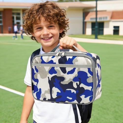 FlowFly Kids Lunch box Insulated Soft Bag Mini Cooler Back to School Thermal Meal Tote Kit for Girls, Boys,Blue Camo