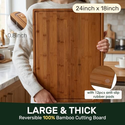 Kikcoin 17”×11” Deep-Carbonized Bamboo Cutting Boards for Kitchen, Healthy Wooden Cutting Boards for Kitchen, Charcuterie, Vegetables, Extra Large Chopping Boards with Deep Juice Groove and Handle