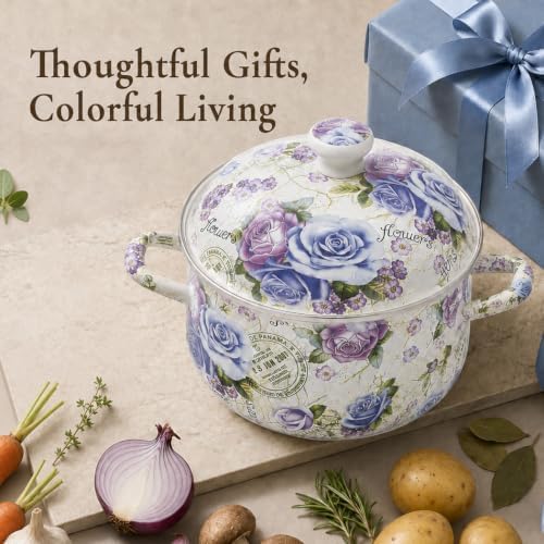 5 Qt Enamel Stock Pot with Lid, Floral Soup Pots for Cooking