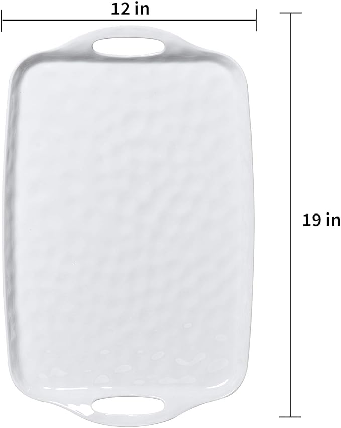 TP Large Serving Trays with Handles, 19" x 12" Melamine Serving Platters for Food, Turkey, Set of 2 Rectangular Trays for Party, Pure White