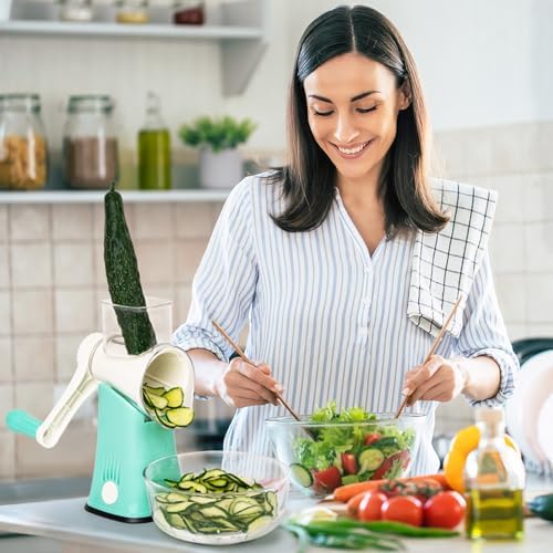 X Home 5‑in‑1 Rotary Cheese Grater for Kitchen, Blue | Upgraded Hand Crank; Stronger Suction Base, Multifunctional Drum Blades; for Cheese, Vegetables, Nuts; Easy to Use and Clean
