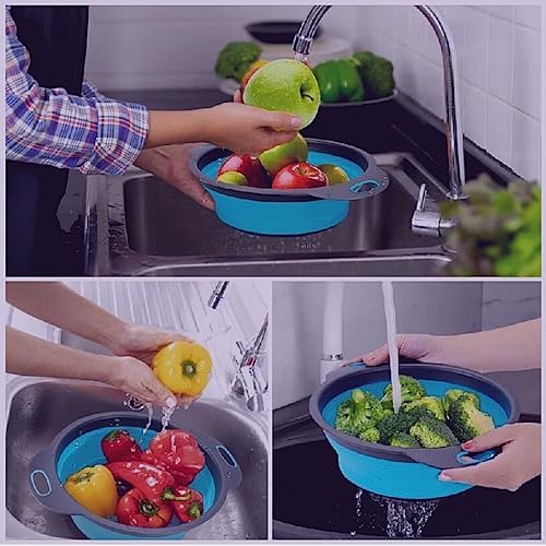 Round Silicone Blue Colander Collapsible – Foldable Kitchen Strainer Small Collapsible Colander Blue with Plastic Handles for Draining Vegetable and Fruit Round Silicone Kitchen Strainer for Pasta