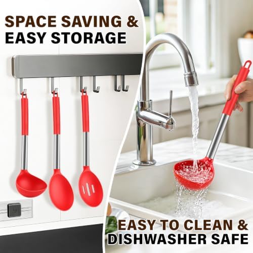 3Pcs Silicone Cooking Spoon Set, Kitchen Utensils Include Solid & Slotted Spoon, Soup Ladle, Food-Grade Heat Resistant 446°F, Non-Scratch Spoons for Serving, Stirring, Draining, Dishwasher Safe, Red