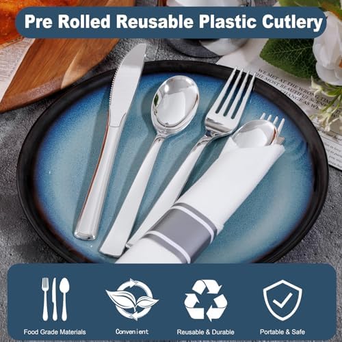 400PCS Pre Rolled Silver Plastic Silverware Sets for Dinners & Weddings