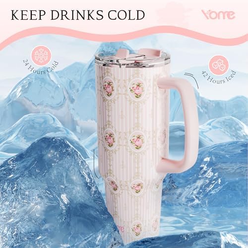 YOME 40oz Vintage Floral Tumbler with Handle and Flip Straw | Stainless Steel Insulated Cute Water Bottle | Keeps Drinks Cold | Dishwasher Safe | Cupholder Friendly | Gift Gym Travel Yoga