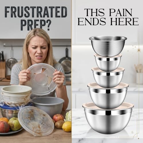 DUTZUN Stainles Steel Mixing Bowls with Lids Set, Stackable Metal Mixing & Serving Bowl with Strainer, 5-Piece - Beige