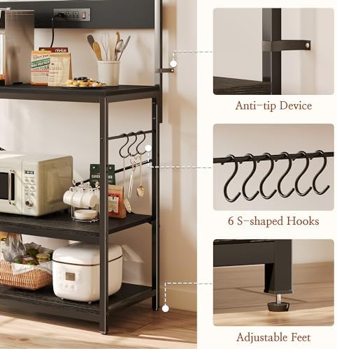 SUPERJARE Bakers Rack with Power Outlets, Microwave Stand, 31.5 X 16.5 Inch Larger Desktop, Kitchen Storage Rack with Adjustable Middle Shelf, 6 S-Shaped Hooks, Coffee Bar Stand, Black