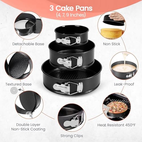 RFAQK 150PCs Cake Pan Set for Baking + Cake Decorating Supplies: 3 Round Non Stick Springform Pan Set (4, 7, 9 inches),24 Icing Tips,Cake Leveler–Multi-functional Leak-Proof Cake Pans & eBook